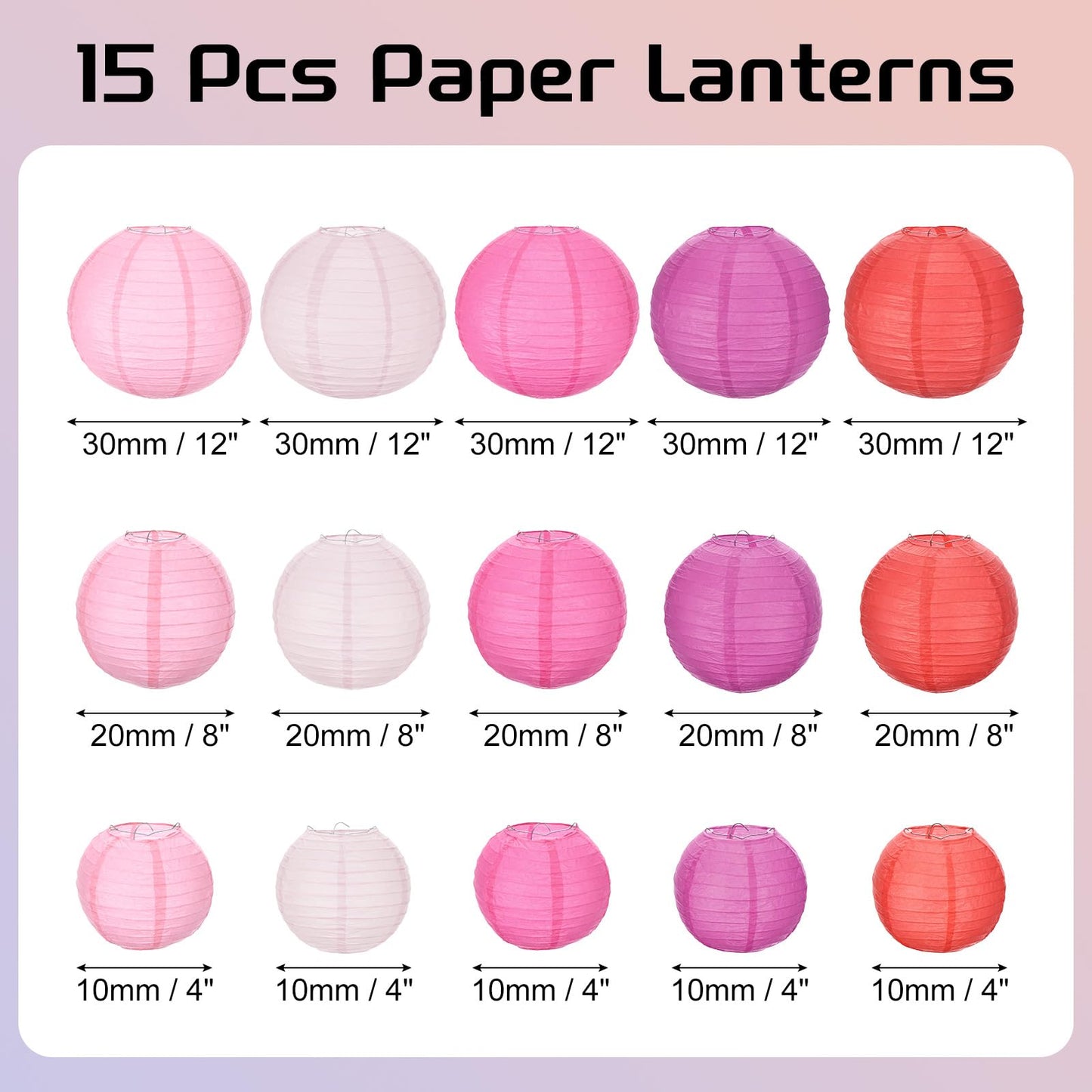 MECCANIXITY 15PCS Paper Lanterns Decorative, 4" 8" 12" Round Hanging Lantern Chinese Lanterns for Home Decor, Birthday, Wedding, Christmas (Red,Pink,Rose Red,Light Pink,Purple)