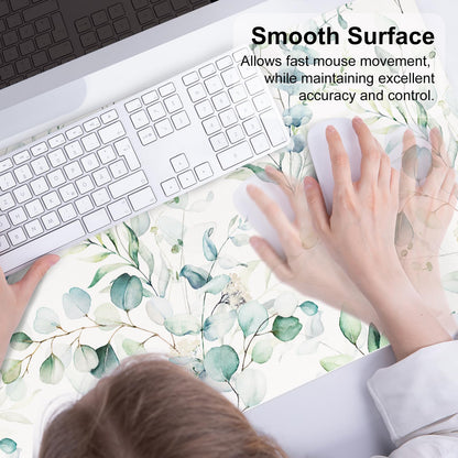 QIYI Large Mouse Pad, Cute Green Leaves Desk Mat for Desktop, Women Girls Office Décor Desk Accessories, PU Leather Waterproof Gaming Mousepad, Eucalyptus Leaf Desk Pad Computer Mat, 31.5" x 15.7"