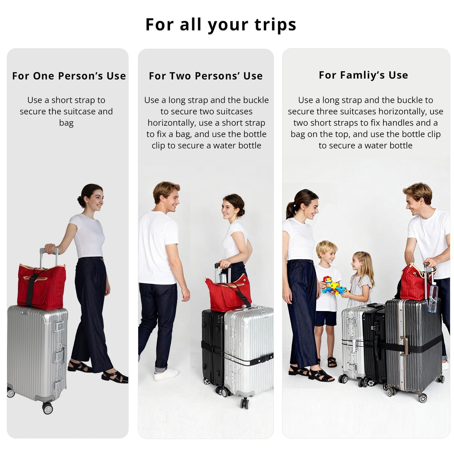 Luggage Straps 3 PCS for Suitcases TSA Approved 2 Short & 1 Long Adjustable Straps with Elastic Thick Rope for Connecting Suitcases and Bags Stably with a Strap Buckle and a Bottle Clip, Black