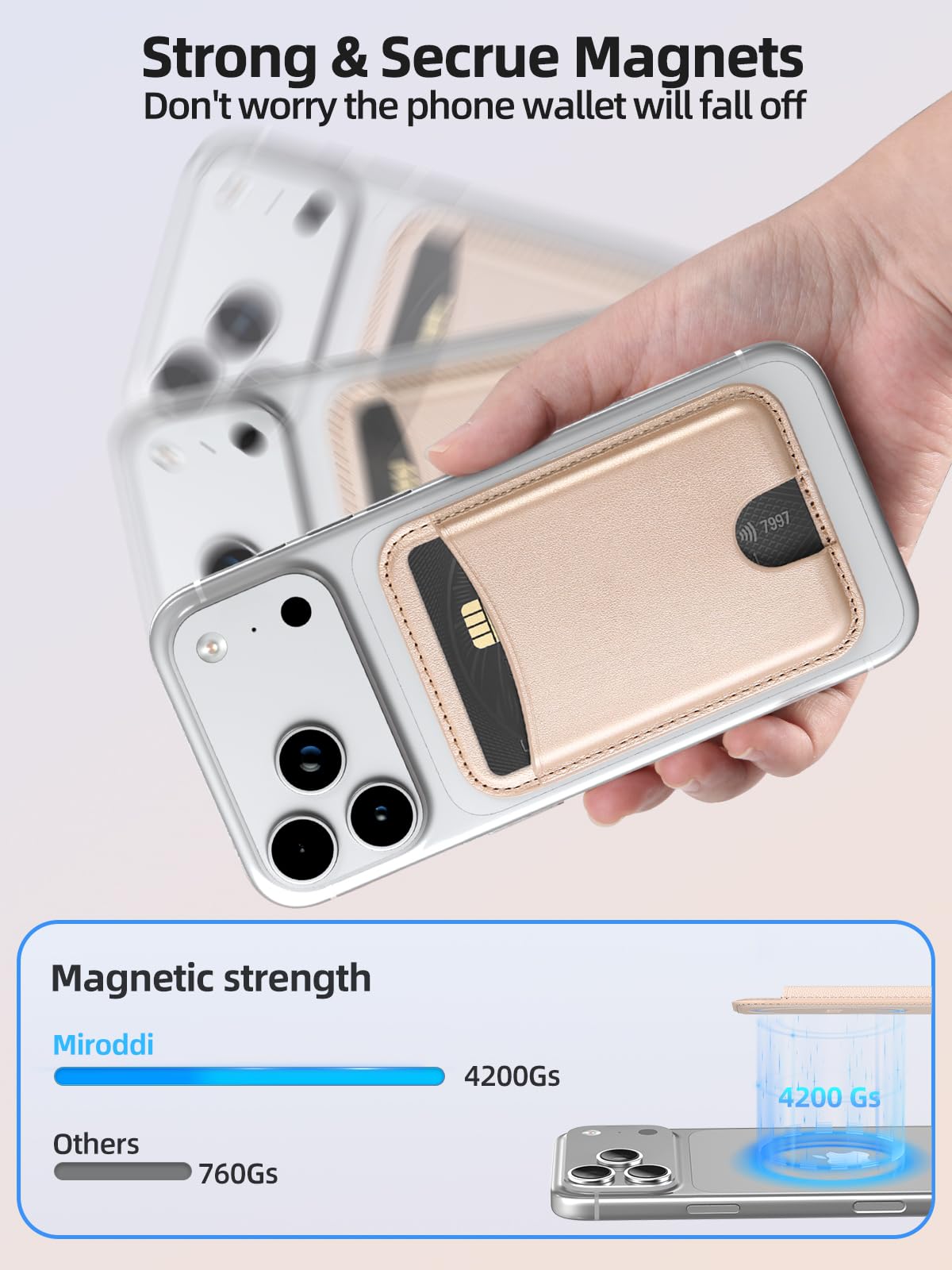 Miroddi for Magsafe Wallet, Magnetic Card Holder for iPhone 17/16/15/14/13/12 Series, Leather Magnet Phone Wallet Fit 4 Cards 3 Cash, Ultra-Thin, RFID Blocking, Gold