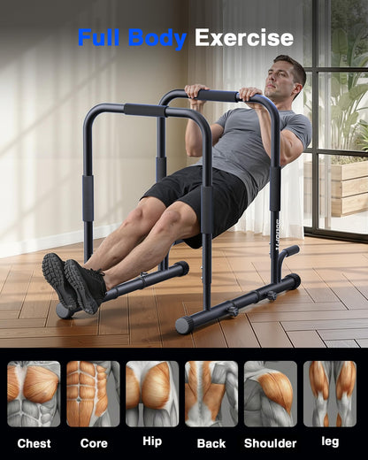 SolidFit 2-in-1 Dip Bar Station - Dip Bars & Push Up Bars Calisthenics Equipment with 420LB Bolt Washer Stable Design Dual Inner Connectors Portable Adjustable for Home Gym Strength Training Black