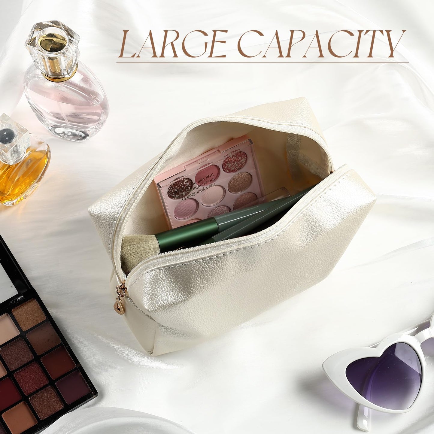 Kigeli 12 Pcs PU Leather Makeup Bag Bulk Small White Preppy Cosmetic Pouch with Zipper Wedding Bridesmaid Gift Waterproof Mini Toiletry Bag for Purse, Aesthetic Travel Organizer for Girls Women