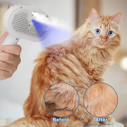 Pet Steam Brush for Shedding, 4 In 1 Brush for Long & Short Haired Cat&Dog, Self-Cleaning Hair Remover with Water Tank And LED Blue Light, Release Button(grey)