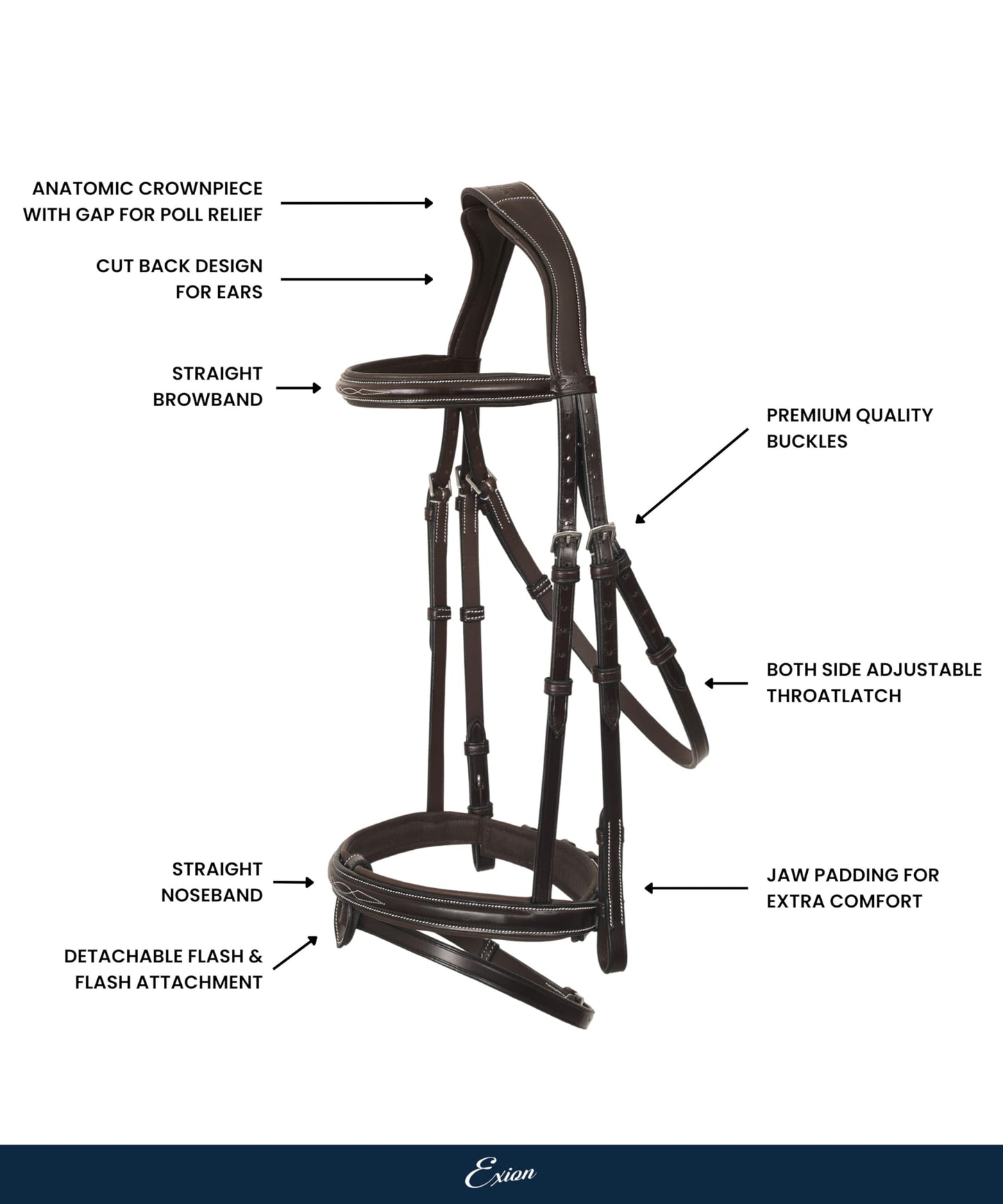 ExionPro Anatomical Snaffle Jumping Bridle for Horses with Removable Flash Noseband & Rubber Reins – Premium Vegetable-Tanned Leather, SS Buckles, Padded MonoCrown, Designer Stitching