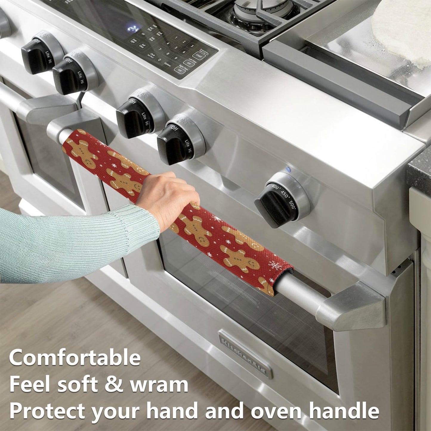 Christmas Cookie Gingerbread Refrigerator Door Handle Covers Winter Snowflakes Xmas Red Kitchen Appliances Gloves For Microwave Dishwasher Fridge Door Cloth Protector 2pcs