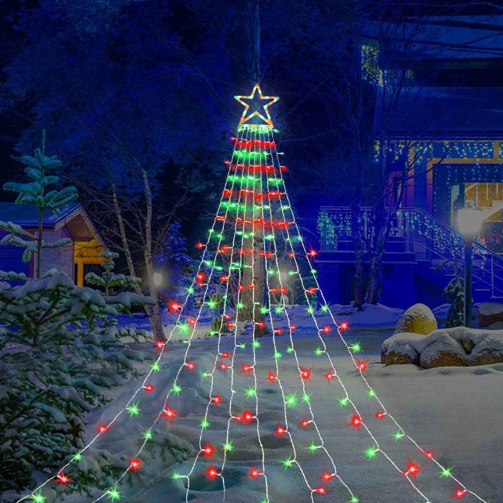 MINIAO Christmas Decorations Star String Lights, 320 LED Waterfall Tree Lights with 13" Topper Star 8 Lighting Modes Indoor Outdoor Decorative for New Year, Holiday, Wedding, Party