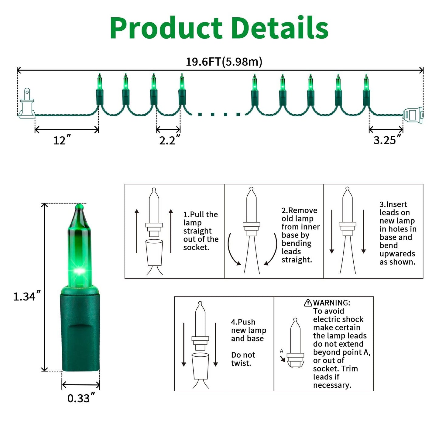LAMPHOME St. Patrick's Day Mini String Lights, Super-Bright Extendable Green Christmas Lights Decoration 100Lights 19.6ft UL Certified Mini Bulb String Lights Set for Outdoor Christmas Tree Decor