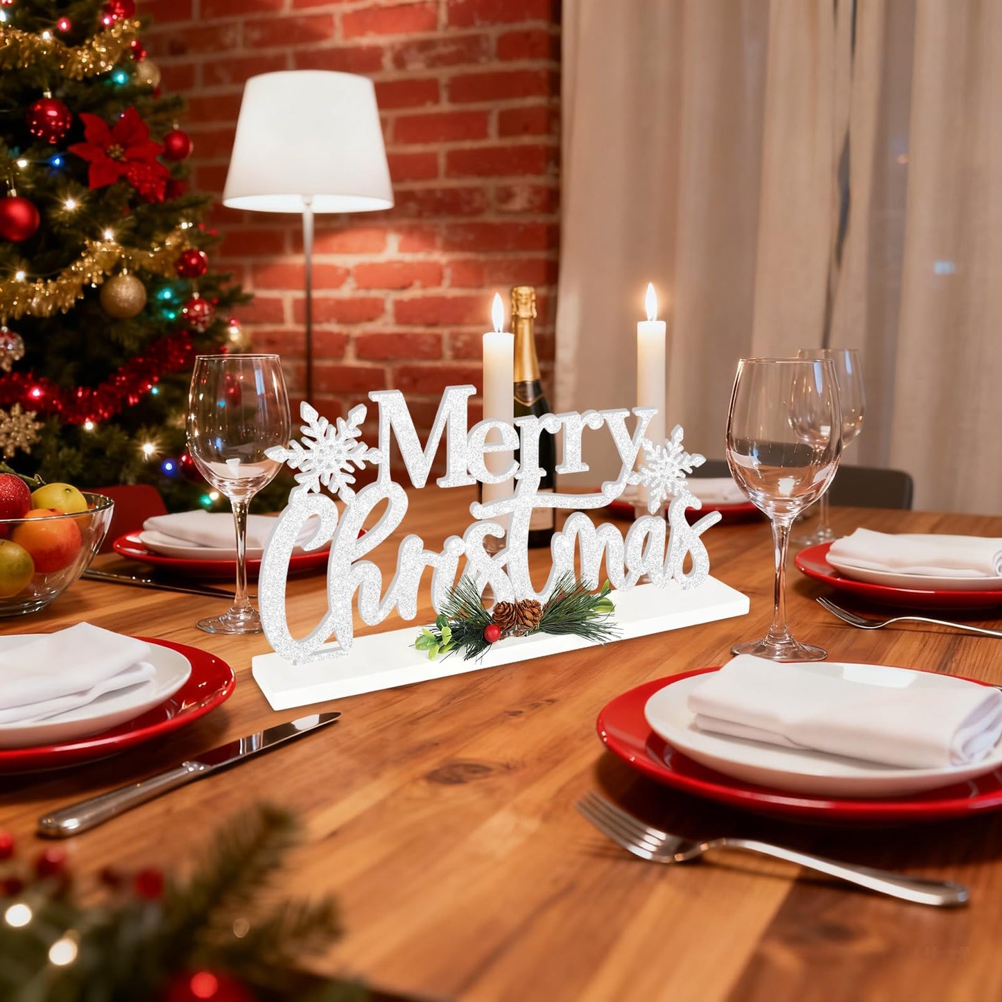 Wooden Christmas Decoration Merry Christmas Tabletop Decor, Snowflake Glitter Shining Xmas Table Sign, Farmhouse Rustic Winter Centerpiece for Home Kitchen Bedroom Tiered Tray Mantel Decor