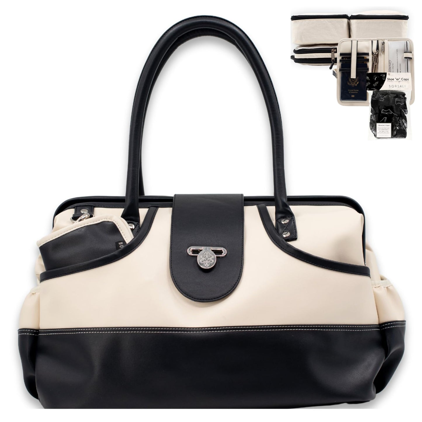 Borsali Weekender Bag for Women - Travel Carry On Duffel -Vegan Leather with Travel Wallet, Packing Cubes & Shoe Covers (Cream)