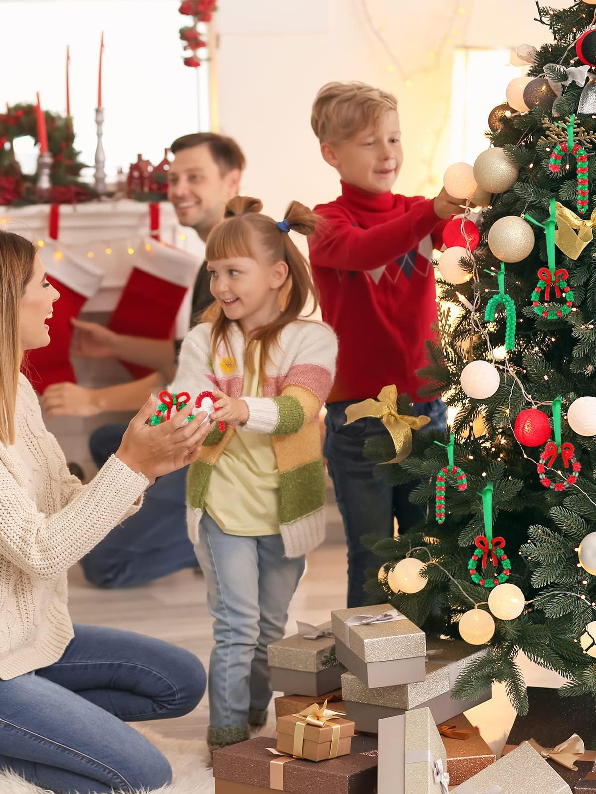 Lanstics Christmas Craft Kit - 60 Sets Beaded Ornament Kit Including Wreath, Candy Cane for Xmas Tree Decorations - Adults & Kids - Assembly Needed