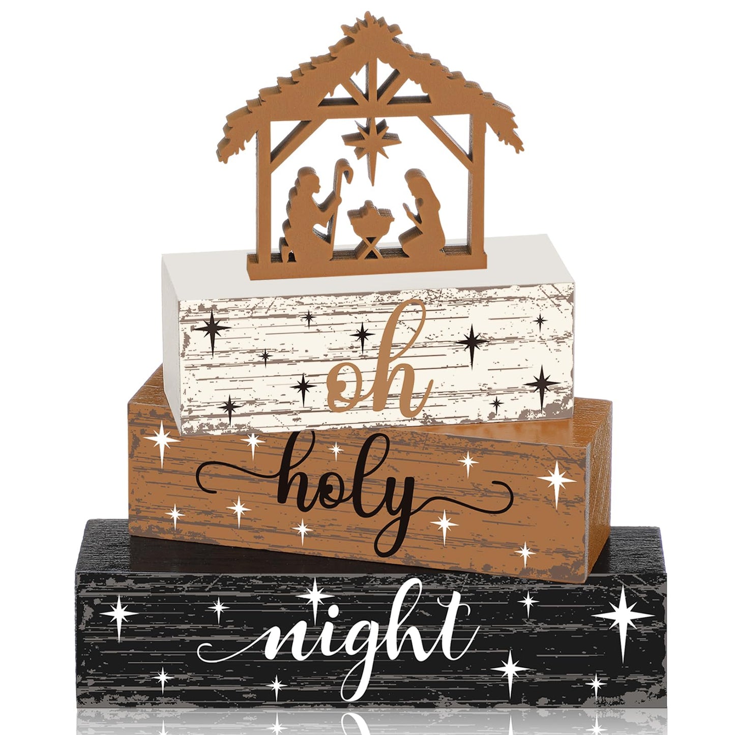 Geelin 4 Pieces Christmas Nativity Scene Table Decorations Xmas Wooden Silent Night Block Signs Holy Night Tabletop Centerpieces Farmhouse Tiered Tray Decor for Home Table Kitchen Shelf