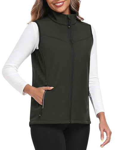 MoFiz Women's Lightweight Softshell Vest Windproof Fleece Lined Zip Up Sleeveless Insulated Jacket for Fall Winter Army Green M
