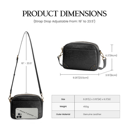 befen Black Crossbody Purses for Women Embossed Genuine Leather Small Handbag with RFID Blocking Anti-Theft Cross Body Bags for Daily Travel