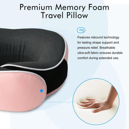 Neck Pillow for Travel, Airplane Memory Foam Plane Pillow Adjustable 12-18", Lightweight Breathable Flight Pillow with Pouch, Office & Car Use, Durable Washable Fabric Pink