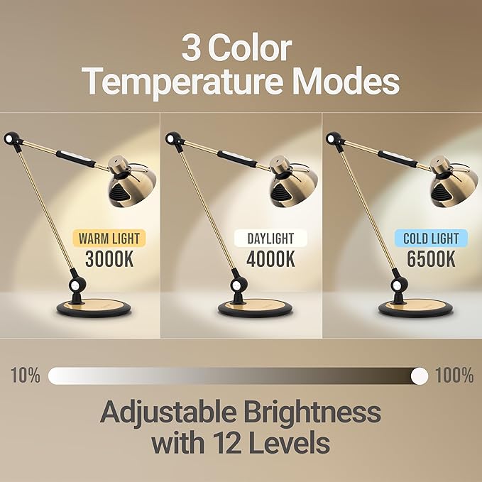 OTUS Brass Desk Lamp for Home Office | Gesture On/Off & Touch Control | Warm Dimmable Eye-Care LED Light 1500 Lux | Adjustable Swing Arm Metal Lamp for Work, Study & Decor