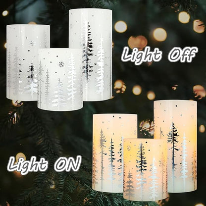 Christmas Flickering Flameless Pillar Candles with Remote Battery Operated Warm Light Silver Christmas Pine Tree Decal Real Wax Candle for Home Decoration Winter Party Gifts, Set of 3