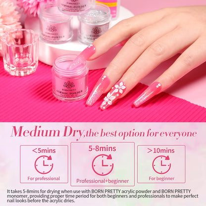 BORN PRETTY Acrylic Nail Kit - Acrylic Powder (Clear, White, Pink) & Liquid Set with Nail Forms, Brush Pen, File & Glass Container - Beginner Friendly