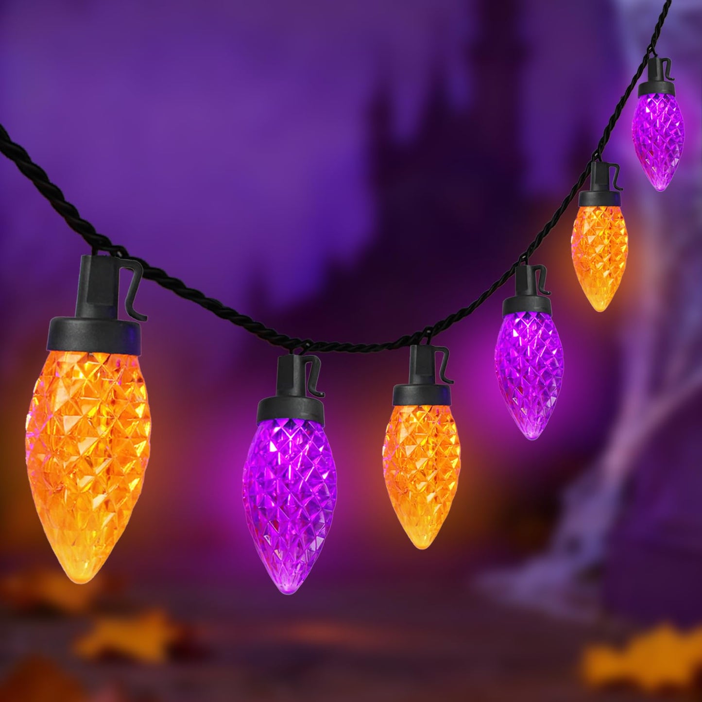 Halloween C9 String Lights Outdoor, 26.4Ft C9 Halloween Decorations Lights with 50 LED Orange and Purple Lights Waterproof, Hanging Plug in Lights String for Outside Holiday Party Patio Yard Decor