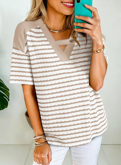 Dokotoo Tops for Women Trendy Summer Casual Short Sleeve Tshirt Shirts 2026 Fashion Womens Top Loose Fit Striped Color Block Blouses Spring T-Shirts Apricot XX-Large