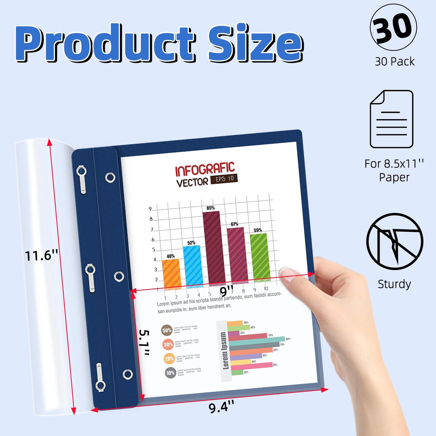 HAUTOCO 30 Pack Plastic Report Covers with 3-Prong Fasteners Clear Front Presentation Folders Resume Folders for 8.5x11 Letter Size Paper, Document Report Cover for School Office Business, Navy Blue