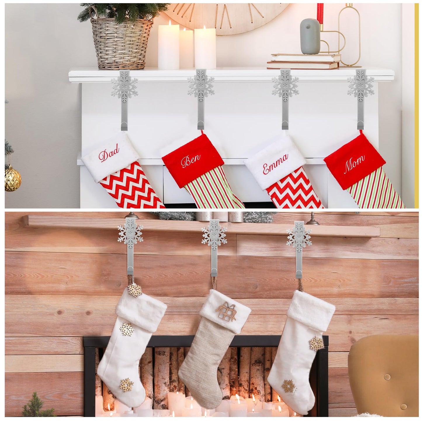 Lounsweer 12 Pieces Snowflake Christmas Stocking Holders Silver Metal Mantel Stockings Hangers Stand Christmas Ornament Hooks Metal Fireplace Clips for Xmas