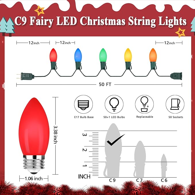Vintage C9 Multicolor Outdoor Christmas Lights, 50FT 50LED Commercial Christmas String Lights Waterproof, C9 Xmas Lights Extendable for Holiday Party Christmas Tree Roofline Patio Backyard Decoration