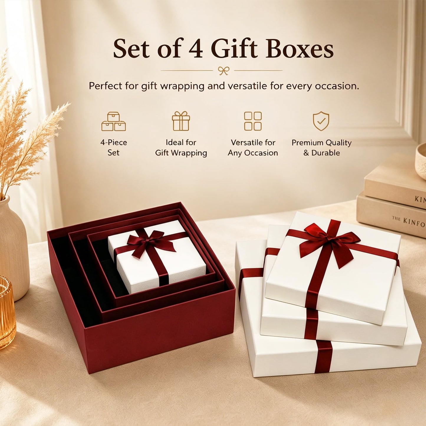Eerbaier Gift Boxes with Lids for Presents, Set of 4 Gift Boxes for Presents, Luxury Gift Wrap Boxes, Decorative Present Boxes for All Gift Giving Occasions