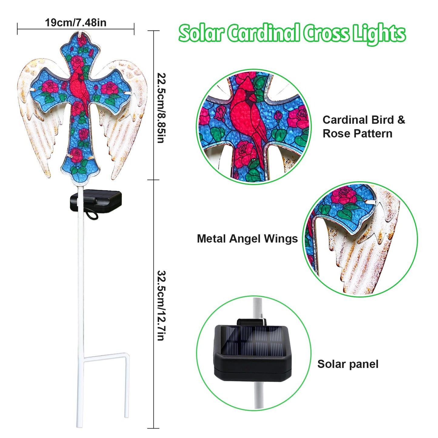 Solar Cross Lights Outdoor, Solar Cardinal Stake Lights Cemetery Decorations for Grave, Jesus Cross Sympathy Memorial Gifts for Women Mom Christmas, Glass Garden Art for Cemetery Yard Patio