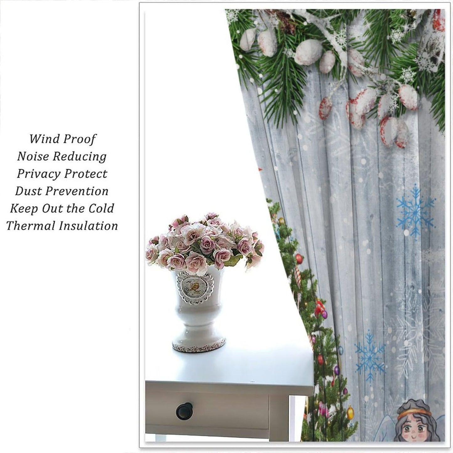 FengMingRui Kids Christmas Curtain for Bedroom Angel Pine Tree Christmas Tree Pine Leaves Winter Holiday Christmas Decor Window Drapes 52" W X 84" L