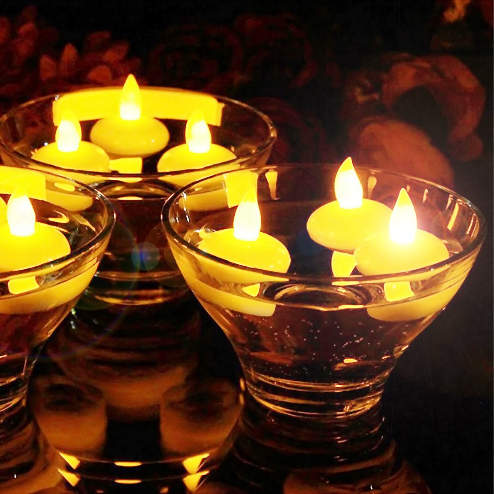 Novelty Place 12Pcs Waterproof Flameless Floating Tealights, LED Floating Candles Warm Yellow Flickering Tea Lights - Battery Operated Candles Decoration for Wedding, Christmas, Party, Pool, Pond