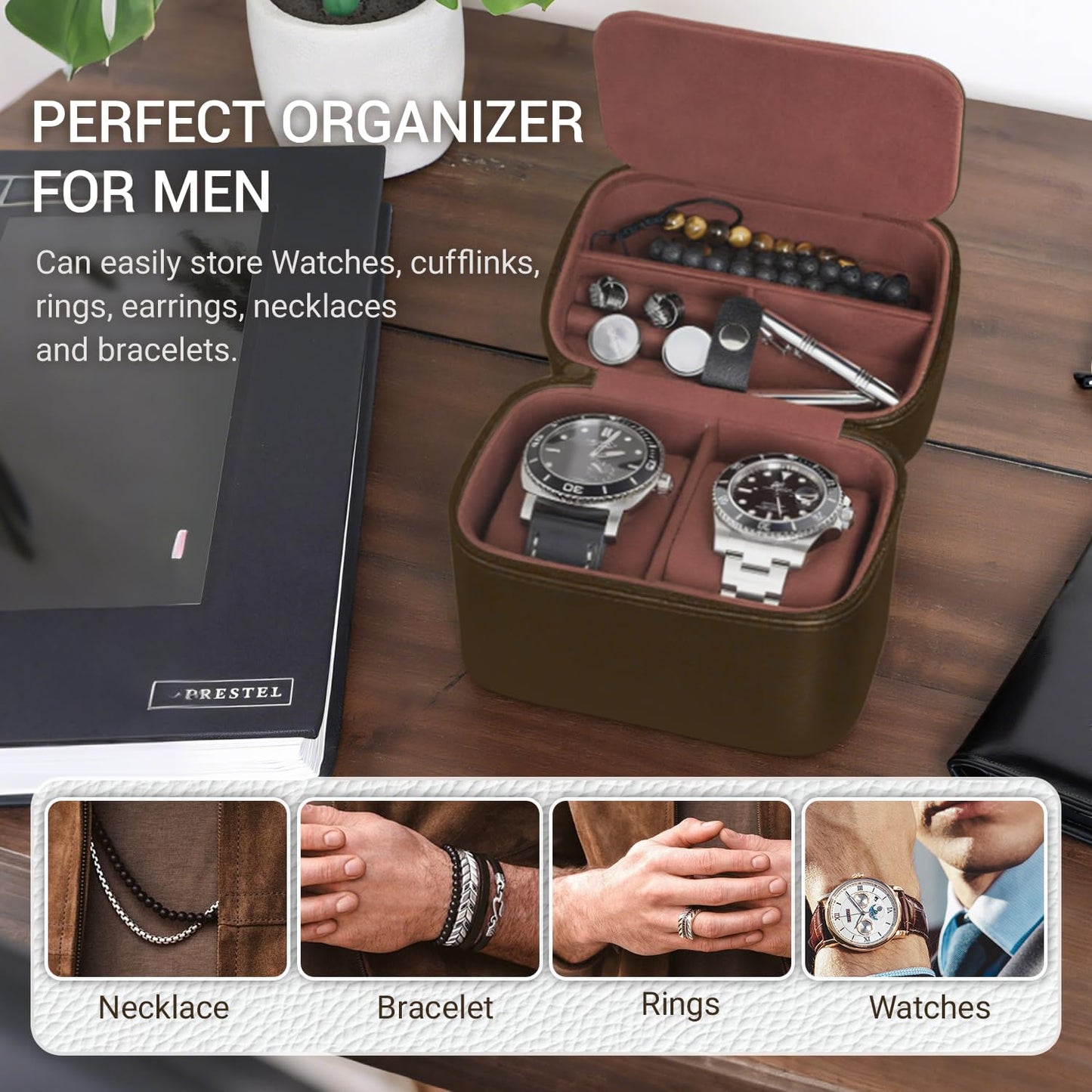 CONBOLA Watch Case for Men - Travel Watch Box for 2 Watches & Smartwatches - Travel Jewelry Case with Accessory Compartment - Compact PU Leather Watch Box for Men & Travel Essentials Organizer