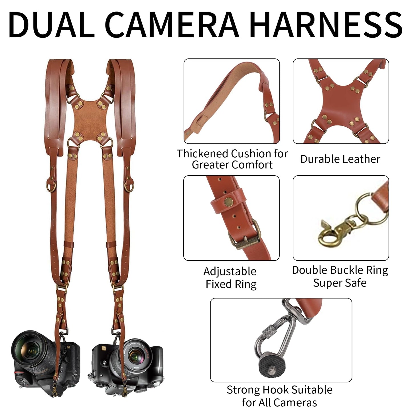 YIHAOSSING Camera Harness,Brown Camera Straps for Photographers,Leather Dual Camera Strap for Two DSLR/SLR Cameras