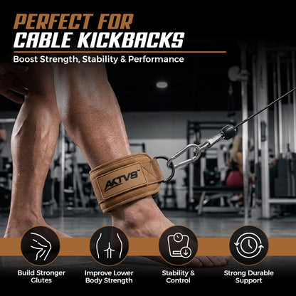 AKTV8 Ankle Straps for Cable Machine – 9mm Padded Neoprene Ankle Cuffs with Heavy Duty Dual D-Rings for Secure Glute Kickbacks, Hip Abductions, Cable Leg Curls & Lower Body Workouts (Brown, Single)