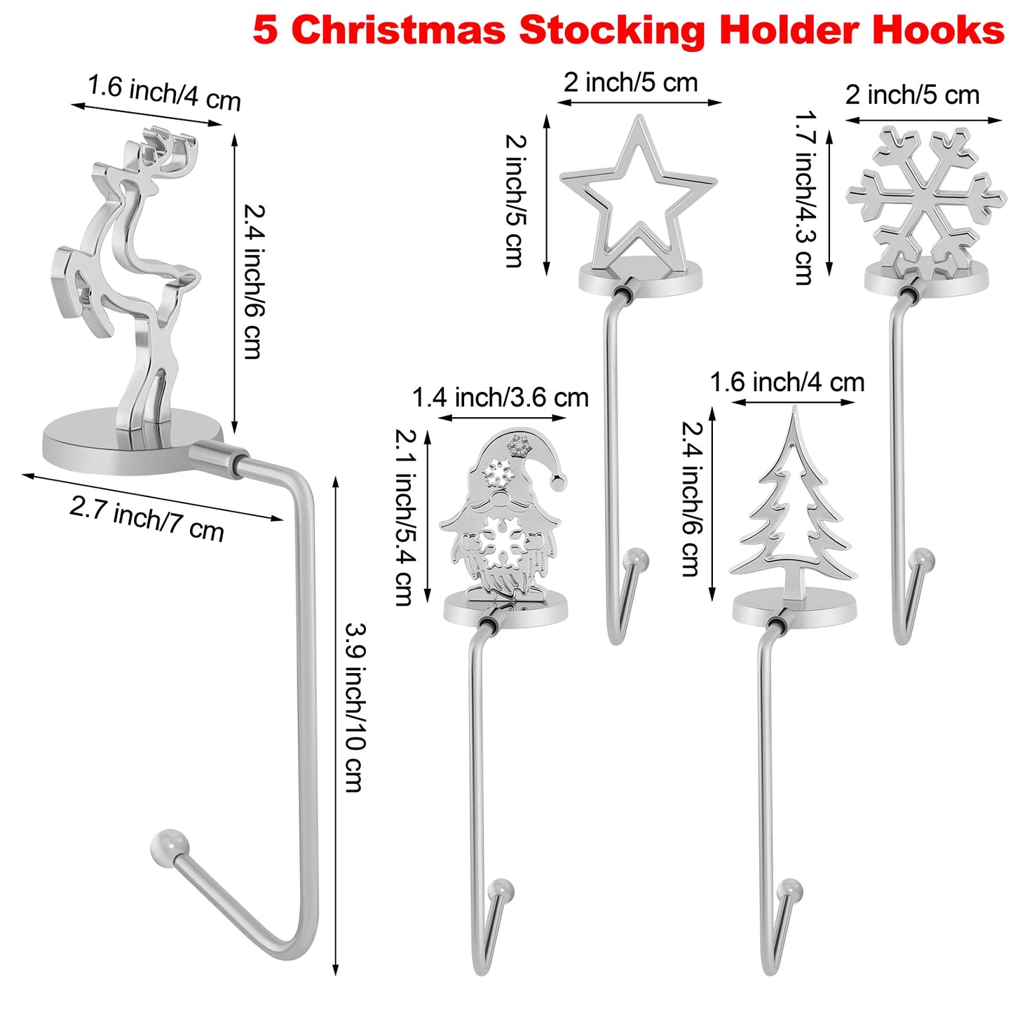 URATOT Pack of 5 Christmas Stocking Holders Mantel Stocking Hangers Fireplace Stocking Hooks in 5 Designs for Christmas Decoration, Silver
