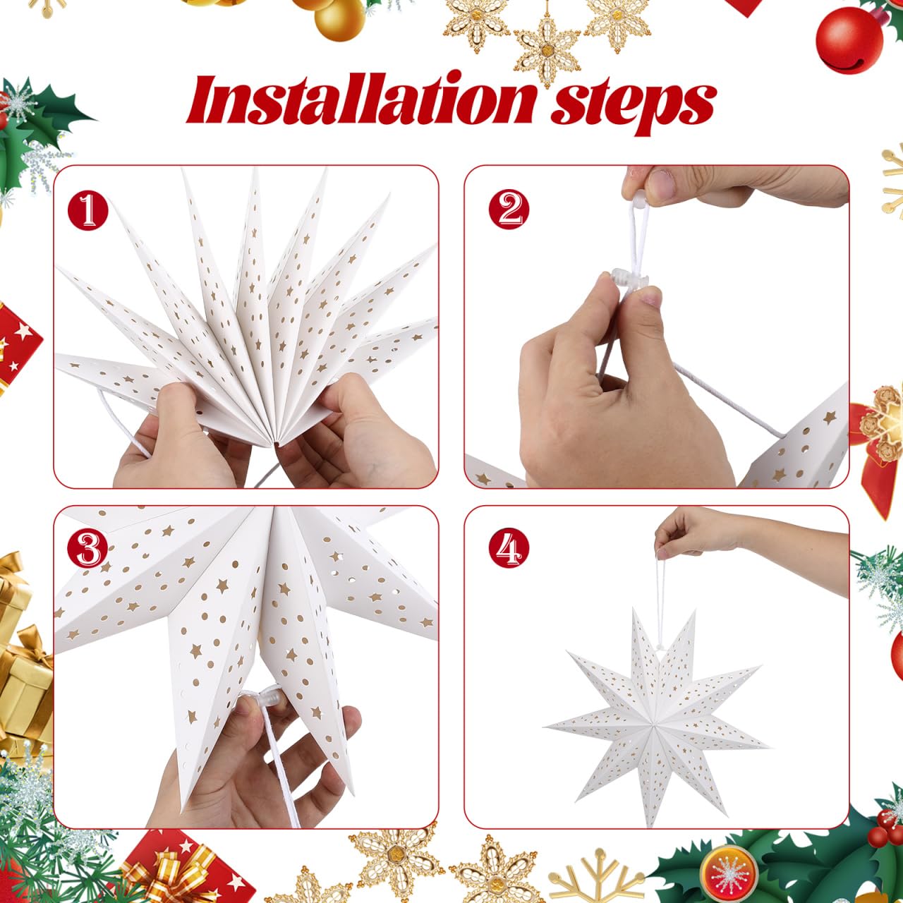 CALLARON 3Pcs Paper Star Lantern, Paper Christmas Decorations, Hanging Star Lantern, 9 Pointed Christmas Stars Lampshade, Foldable White Lampshade Decor for Christmas, Wedding, Holiday Party, 14inch