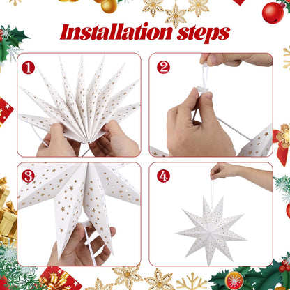 OSALADI 3Pcs Paper Star Lantern Lampshade 9 Pointed Star Hanging Decorations for Christmas New Year Wedding Party Holiday Birthday, 13.78 x 13.78 x 5.12 Inch