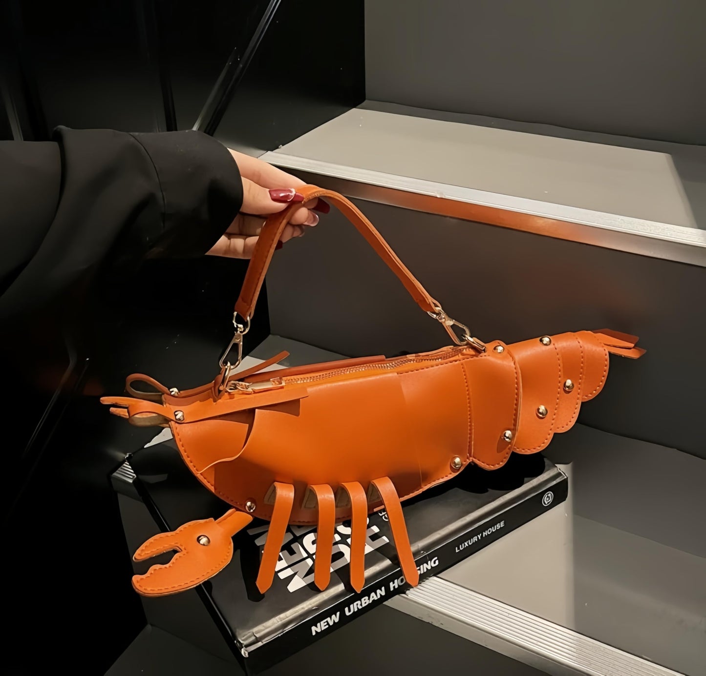 XJXFKDG Lobster Shaped Crossbody Bag,Fun Unique Rivets Lobster Design Shoulder,PU,Stylish Handbag Purse for Women Girls (Orange)