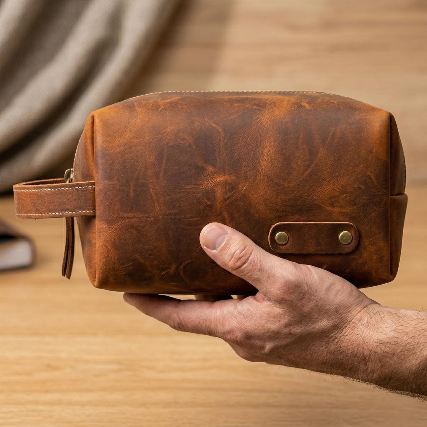 Alomce Travel Toiletry Bag for Men, Premium Genuine Leather Dopp Kit, Vintage Water-Resistant Shaving Organizer Case, Spacious Single Compartment Grooming Pouch