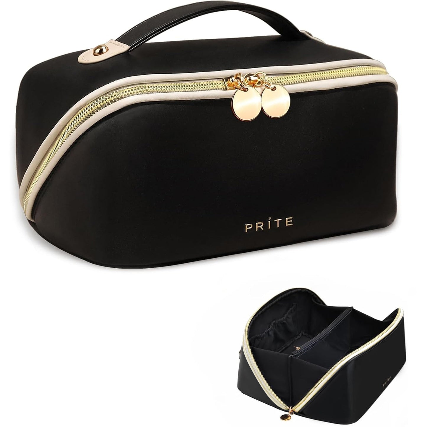 Prite Makeup Bag for Women Travel Waterproof Vegan Leather Cosmetic Bag Open Flat Toiletry Bag With Clear Divider and Handle (Black, Medium)