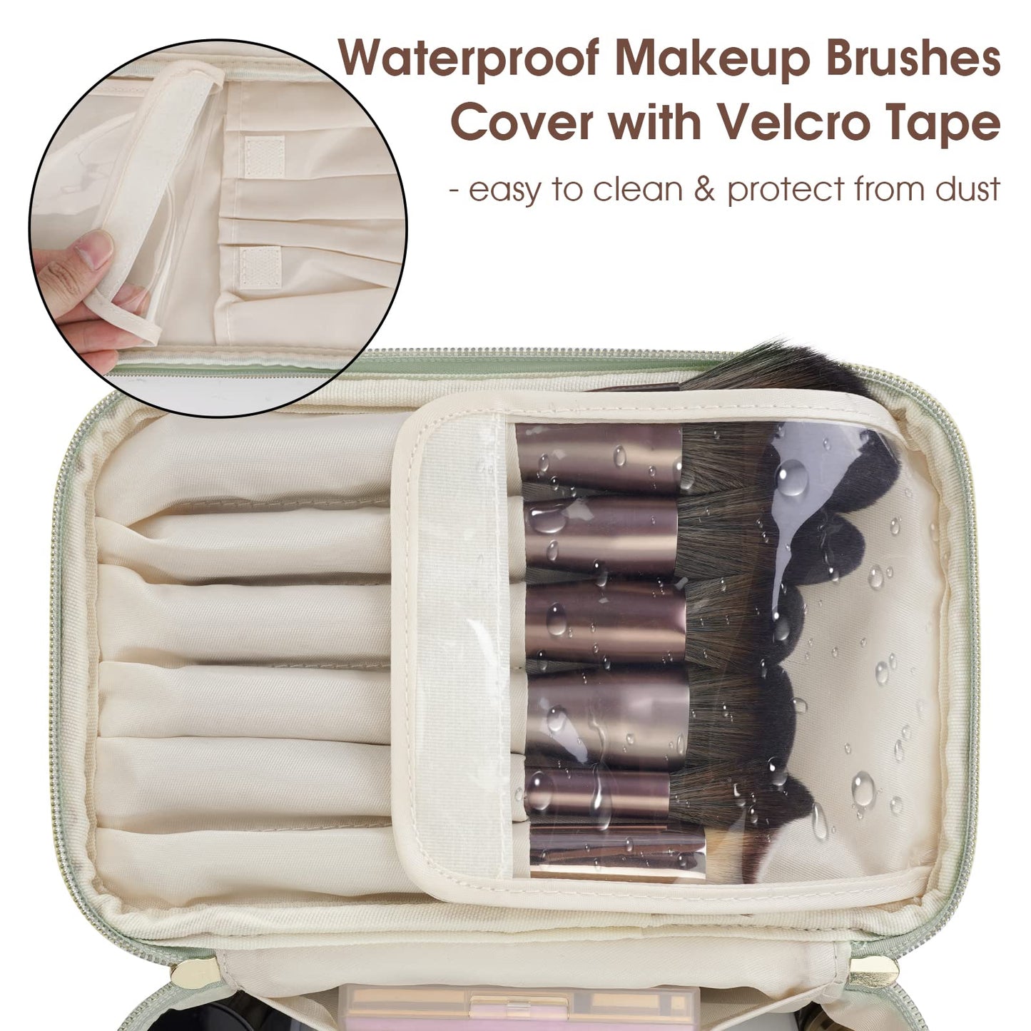 Wandering Nature Makeup Bag, Travel Make Up Organizer Cosmetic Brush Bags Case for Women in Eco Vegan Leather, Green & Quilted Fabric, Black(Patent Pending)