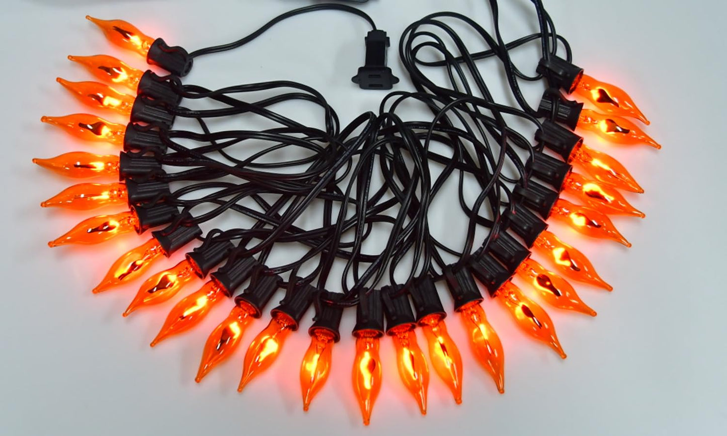 27.8Ft Halloween Decorations Flickering Flame String Lights with 27 Pack Orange Clear Flame Light Bulbs (4 Spare E12 Bulbs), Orange Christmas Lights Outdoor for Home Party Christmas Halloween Decor