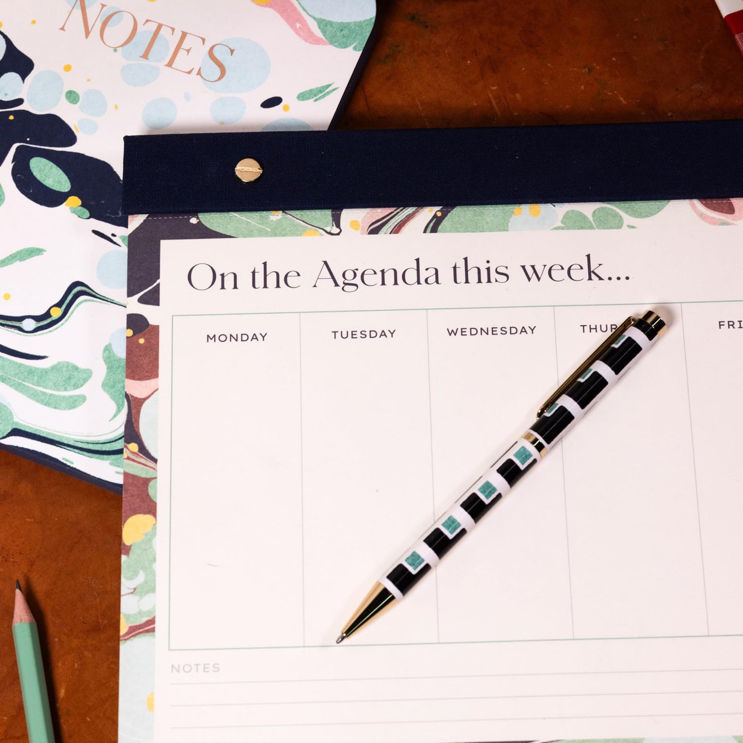 Amélin Archive 8" x 11" Weekly Desktop Planner with 55 Perforated Sheets, Navy Bookcloth Header & Back, Gold Post Binding, Undated Tear-Off Pad with Notes Section (Omega)