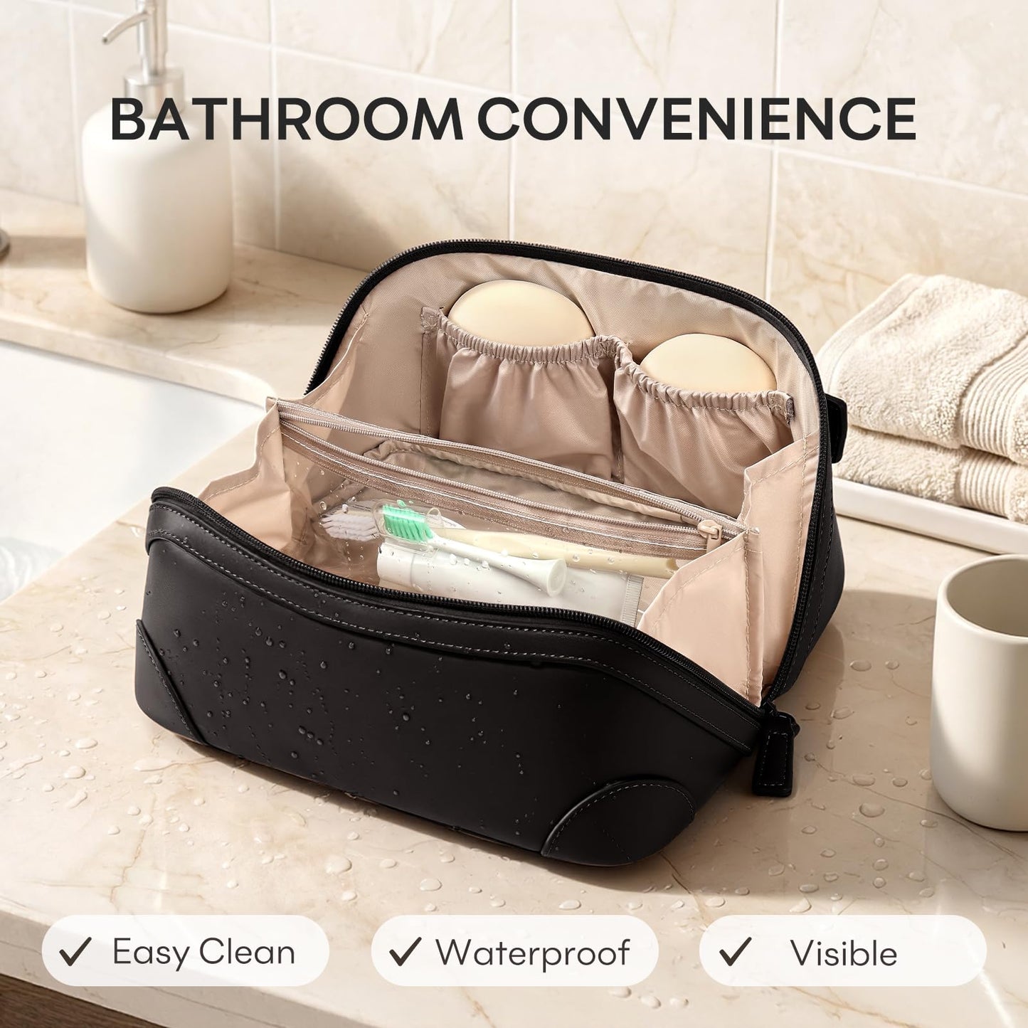 mibasies Travel Makeup Bag for Women, Large Capacity Waterproof PU Leather Flat Open Cosmetic Bag, Portable Toiletry Bag for Business Trip & Daily Use