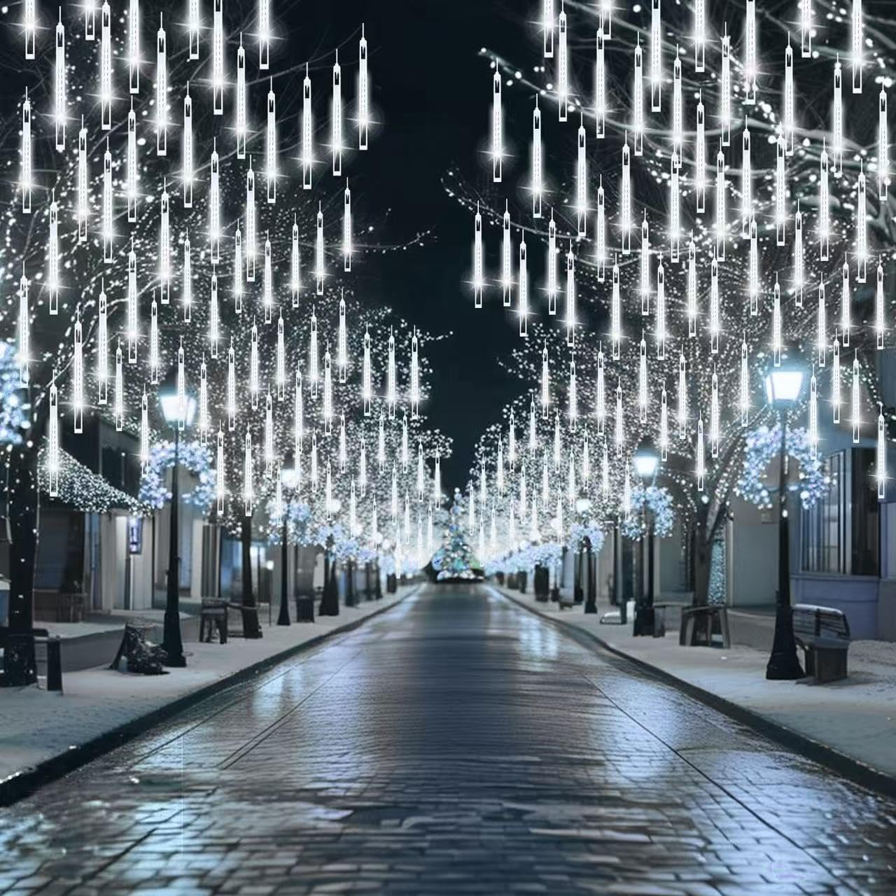 2 Pack Christmas Lights Outdoor, Expandable Meteor Shower Lights with Timer, Waterproof Falling Rain Light with 16 Tubes 384 LED Plug in, Suitable for Garden House Xmas Tree Decorations (Cool White)