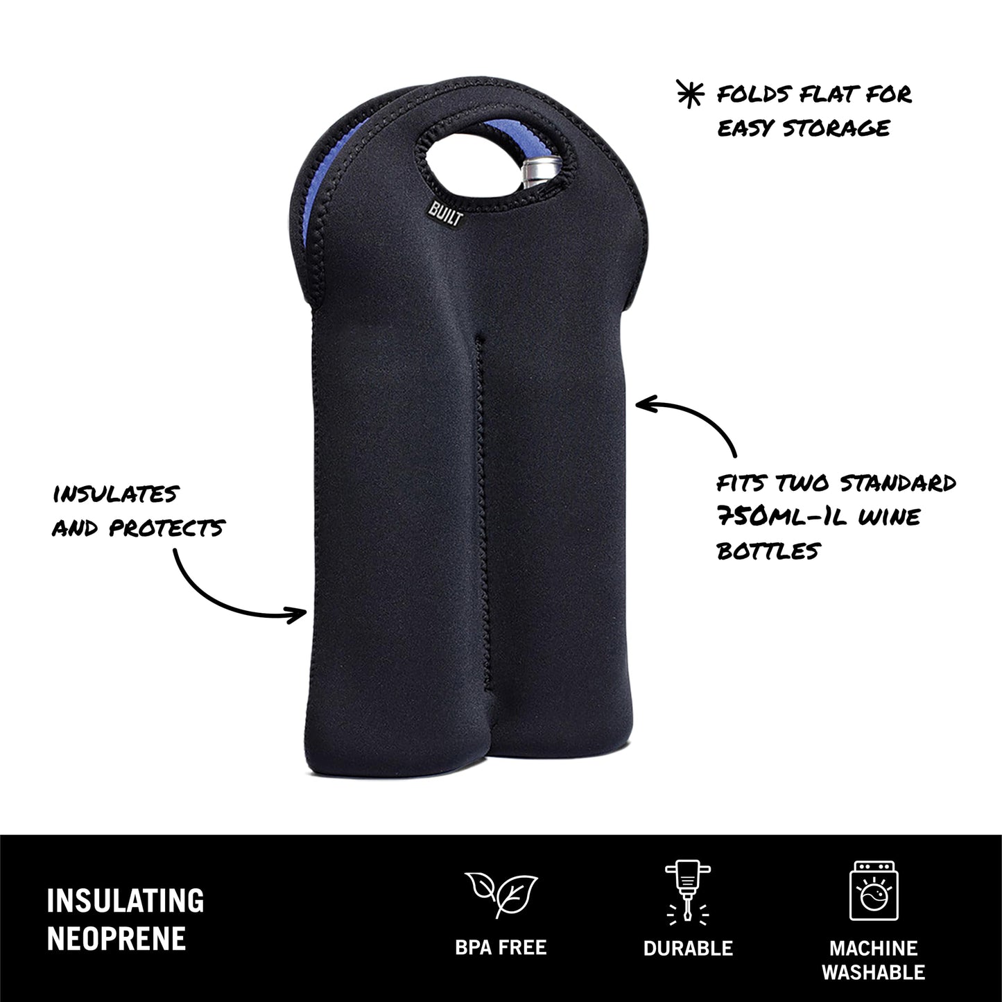 BUILT 2B-BLK 2-Bottle Stain Resistant Neoprene Wine/Water Bottle Carry Tote, Black