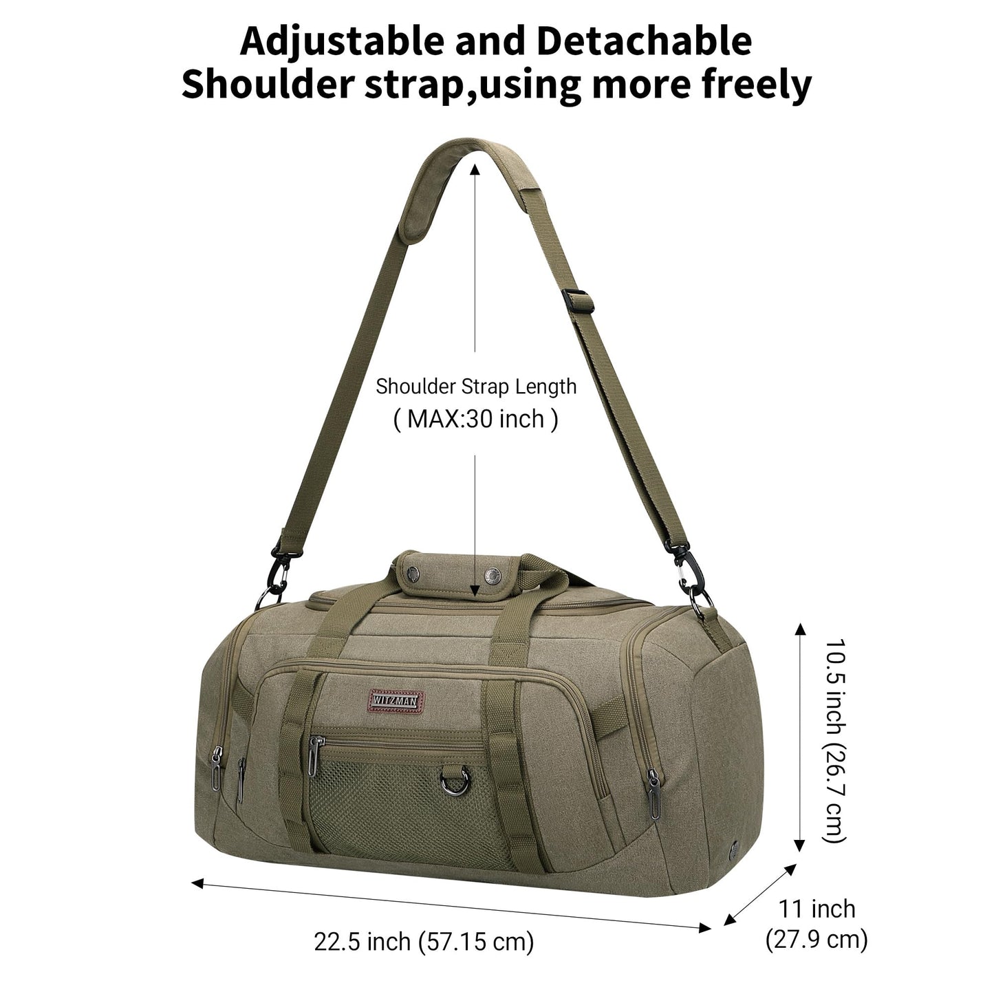 WITZMAN Canvas Duffel Bags for Men Traveling 3 in 1 Backpack Carry-on 40L Weekender Overnight Bag with Shoe Compartment(A8006/2 Army Green)