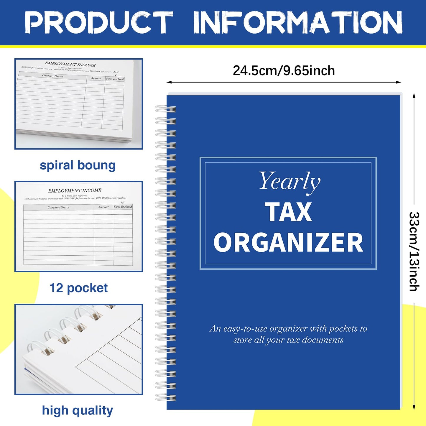 Faccito 2 Pack Yearly Tax Organizer 13" x 9.7" Tax Record Organizer with 12 Pockets Spiral Bound Income Folders Monthly Bill Receipt for Home Office Taxes