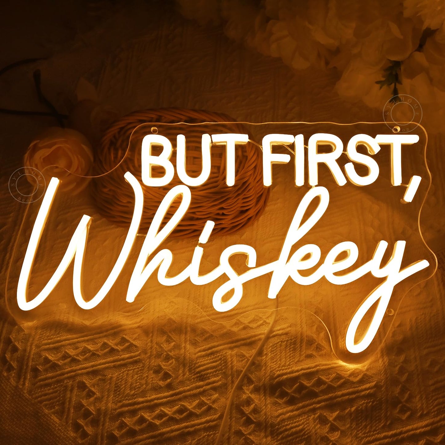 SYLHOME But First Whiskey Led Neon Light Sign Home Bar Home Bedroom Pub Wall Sign Decor Wedding Birthday Christmas Party Backdrop 15.75" X 8.82" USB