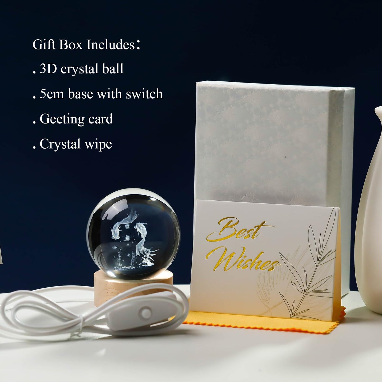 Arikyrist 3D Goldfish Crystal Ball Night Light, Crystal Goldfish Figurines with Wooden Base Gifts for Women and Kids, 3D Laser Engraved Glass Sphere Paperweight Decor for Home Office.