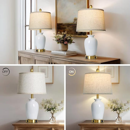 23" Set of 2 White Ceramic Table Lamp with Ginger Jar Design, Bedside USB Lamps for Living Room,Dining Room,Bedroom,Office,Nightstand,End Table